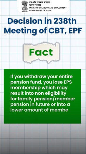 4.1K views · 33 reactions | ✅ Myth vs Fact! If you withdraw your entire pension fund, you lose EPS membership which may result into non eligibility for family pension/member pension in future or into a lower amount of member pension. A key decision from the 238th CBT, EPF Meeting.  Read more: https://www.pib.gov.in/PressReleasePage.aspx?PRID=2178522 #EPFO #SocialSecurity #PensionBenefits #MoLE #CBTDecision | Ministry of Labour and Employment, Government of India | Facebook