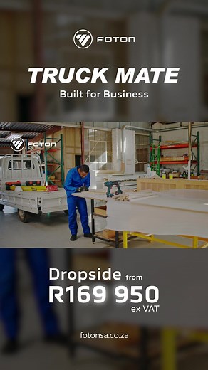 Foton Truck Mate – Built to Build South Africa In construction, time is money — and reliability is everything. The Foton Truck Mate is made for South African builders who need strength, space, and serious value. 🏗️ 1.2-ton load capacity for tools, bricks, and materials 🛠️ Tough enough for any job site ⛽ Fuel-efficient to keep costs down 💼 From R169,950 (excl. VAT)* 🛡️ Backed by a 5-Year/200,000km Warranty Whether you're building homes, roads, or small projects, the Truck Mate is your dependa