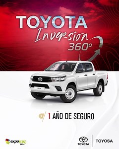 64 reactions |  ¡Toyota inversión 360 presente en Expocruz 2024! ✨ Es el momento perfecto para estrenar tu Toyota con beneficios incomparables:  1 año de seguro.  2 años de mantenimiento o 20.000 km. ️ 7 años de garantía o 150.000 km.  El mejor valor de reventa. Haz que tu próxima inversión sea inteligente, segura y llena de valor. ¡Nos vemos en Expocruz 2024! #Toyota #Toyosa | Toyota Bolivia | Facebook