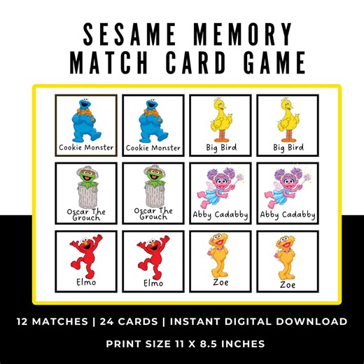 Sesame Memory Matching Card Game | Sesame Birthday Party Game | Sesame Party Favors | Printable Memory Card Game | Limit Screen Time Game - Etsy
