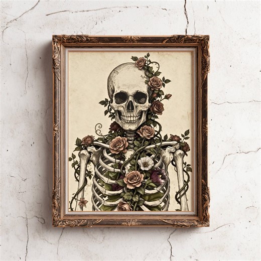 Human Skeleton & Flowers Poster - Dark Academia Floral Print - Memento Mori Print - Gothic Wall Art - Human Anatomy Illustration - Etsy