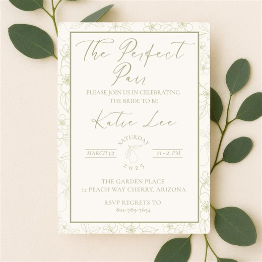 Elegant Pear Bridal Shower Invitation Template | Floral Canva (digital Download) - Etsy