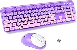 FD Wireless Keyboard and Mouse Combo - 2.4G Full-Sized Cute Colorful Mouse and Keyboard with 104 Round Keys Retro Typewriter Keyboards for Laptop/Windows/PC - Purple Gradient