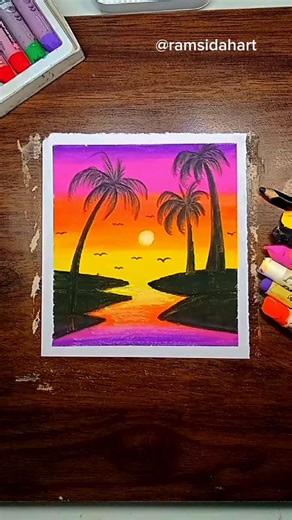 Easy Sunset with Palm Tree 🌅 Oil Pastel for Beginners Step by step Tutorial | #shorts