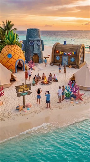 A SpongeBob-inspired seaside park brought to life. Pineapple houses, campfires on the sand, glowing cabins at night — this isn’t animation anymore, it’s a place you can walk into. Would you spend a night here? 👀✨ #spongebob #themepark #dreamworld #architecture #fyp