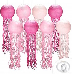 8pack Pink Jellyfish Party Decorations,Jellyfish Lantern Hanging，withTape and String,Mermaid Birthday Decorations for Birthday,Mermaid,Baby Shark,Ocean Themed Party Supplies