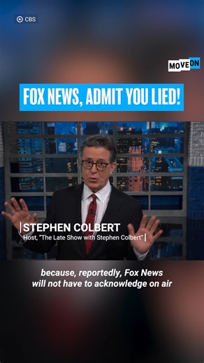 The most disappointing thing about the Fox News settlement with Dominion Voting Systems is late Fox isn't being required to admit their lies to the very people they lied to. Stephen Colbert expresses our thoughts perfectly. Think Fox should admit their lies? Add your voice: MoveOn.org/AdmitItFox | MoveOn