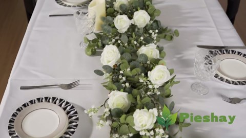 6FT Artificial Eucalyptus Garland with Flowers, 10 White Roses Baby Breath Garland Floral Greenery for Wedding Party Centerpiece Table Runner Backdrop Wall Decor Decoration