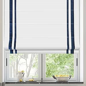Cordless Roman Shades with Border, Blackout White Blue Border Roman Window Shades, Washable Custom Fabric Roman Shades for Windows, Doors, Kids Room