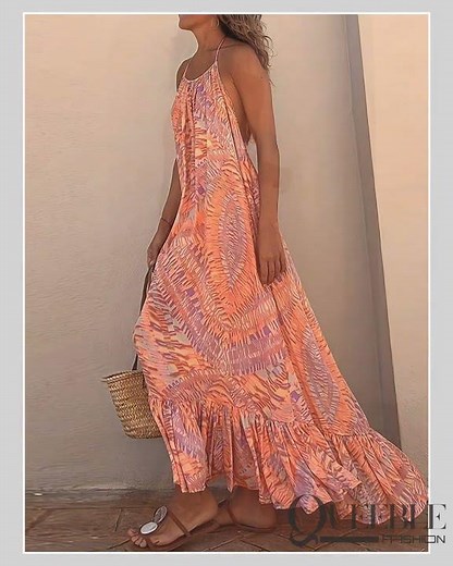 Backless Printed Halter Neck Maxi Cami Dress
