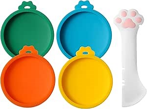 Joyinjojo Cat Food Can Lids with Cat Food Spoon, 4 Pack Small Silicone Pet Food Can Covers Lids for Cat Food Cans 3 oz, Multi-Functional Cat Spoon Can Opener Spatula for Canned Wet Food