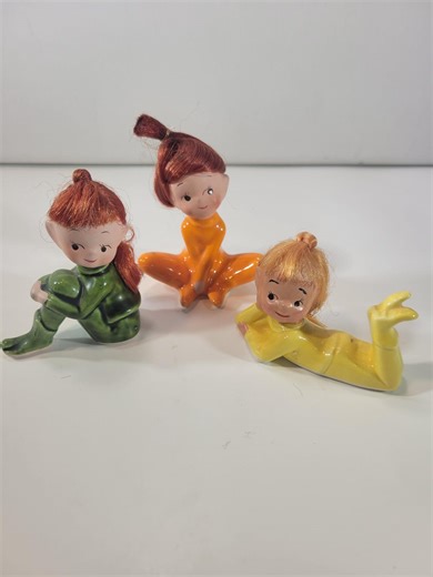 3 Napco Pixie figurines, vintage, yellow, orange, and green elves, ceramic, red hair