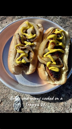 Brats and onions cooked on a Trangia 27 #trangia #trangia27 #alcoholstove #hikingstove