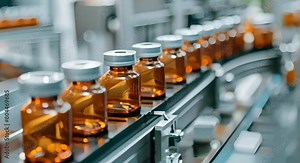 Automated Production Line for Glass Vials at Pharmaceutical Factory. Concept Glass Vial Manufacturing, Pharmaceutical Production, Automated Assembly Line, Quality Control, Industrial Technology Stock Video