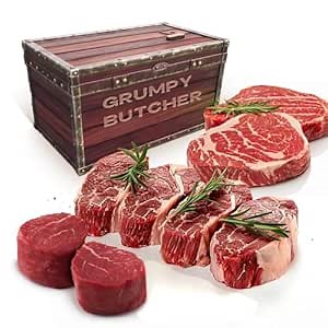 Grumpy Butcher 8 Steaks Full House Set - 4 Top Sirloin Steak (6 oz), 2 Ribeye Steaks (14 oz), 2 Filet Mignon Steak (8 oz) - Food Gifts of Premium Steak Meat