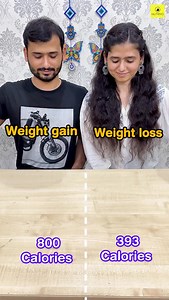 Portion size control for weight loss and weight gain with same food Weightloss meal - 392.7cal Raw rice (15g/53.45cal) Kachumber salad (350g/82.78cal) Tofu (100g/142.4cal) Cooked Dal (150g/113.9cal) Carb 50.5g, protein 25.9g, fat 8.7g, fibre 13.1g Weight gain meal - 799.7cal Raw rice (75g/267.2cal) Kachumber salad (180g/46.63cal) Paneer (100g/257.88cal) Cooked Dal (300g/227.9cal) Carb 106.8g, protein 38.8g, fat 16.1g, fibre 11.7g Follow @nutriyo_for health tips (Calories, weight gain, weight-los