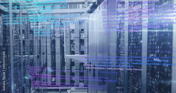 Computer code animation over server racks in data center