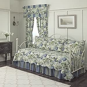 Waverly Daybed Bedding Sets - Floral Flourish 5-Piece Quilted Reversible Comforter Day Bed Cover Set, Porcelain
