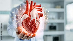 Innovative medical technology, doctor uses virtual 3d model of human heart with data analysis network for healthcare