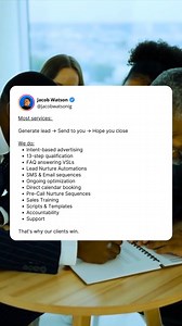 Most lead services operate on a simple model: generate lead, send to you, hope you close. That's it. No support. No training. No accountability. Here's what we do: Intent-based advertising: We're targeting people actively seeking financial advice, not everyone. 13-step qualification: We're filtering for relevance, capital, and intent. FAQ-answering VSLs: We're addressing common objections before the call. Lead nurture automations: We're staying top-of-mind without you doing anything. SMS and ema