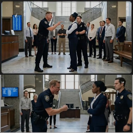 Cop Tried to Remove a Black Woman from City Hall — Then the Mayor Announced, “That’s the Governor” The marble floors of Riverside City Hall gleamed under the late-morning sun, reflecting light from the tall windows that framed the lobby like cathedral glass. People moved in and out with quiet purpose—permits to file, taxes to pay, meetings to attend. It was an ordinary Tuesday. At least, that was how it began. Dr. Naomi Pierce stepped through the revolving doors at 11:12 a.m., precisely eighteen