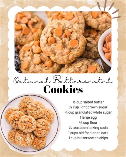36K views · 337 reactions | Oatmeal Butterscotch Cookies! Recipe in comments below⬇️⬇️ ⅓ cup salted butter ⅓ cup light brown sugar ¼ cup granulated white sugar 1 large egg ¾ cup flour ¼ teaspoon baking soda 1 cups old fashioned oats 1 cup butterscotch chips | Julie's Eats & Treats - Easy, Family Friendly Recipes | Facebook