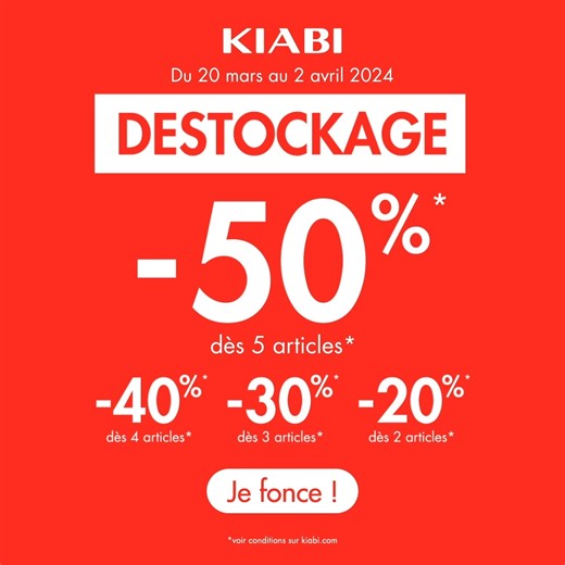 DESTOCKAGE 🚨 Profitez de réductions jusqu’à -50% sur des milliers d’articles signalés jusqu’au 2 avril* ! 🤩 Je fonce 👉 https://bit.ly/3x1O368 *Voir conditions en magasin et sur KIABI.COM | Kiabi