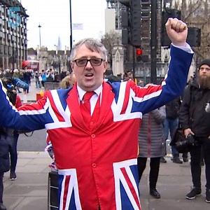 "If you can't accept democracy, move to China and live in a communist state - that's what I'd say." A small crowd gathered outside Parliament to celebrate #BrexitDay, ahead of a planned street party in Westminster this evening. Waving flags, and wearing Union Jack suits, the jubilant gatherers sang goodbye to the European Union. | Channel 5 News