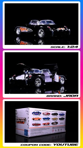 1957 Chevrolet Corvette Black with Flame Graphics and White Interior 1/24 Diecast Model Car Jada 4K