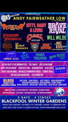 Get ready for an exceptional musical experience at UK Blues,Rhythm & Rock Festival , happening from Friday, January 30th to Sunday, February 1st, 2026, at the iconic Winter Gardens Blackpool This year promises to be bigger and better than ever, with 4 dynamic stages showcasing over 40 Acts, each bringing their unique flair and authenticity to the festival. Special hotel discount via ticket link with Big Blue Hotel Blackpool Don’t miss your chance to be part of this extraordinary celebration of s