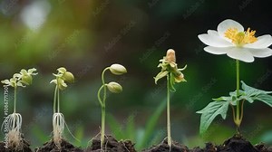 Exploring Growth Stages of Plants From Seedling to Blooming Flower, Celebrating Natures Resilience and Beauty of Green Soil