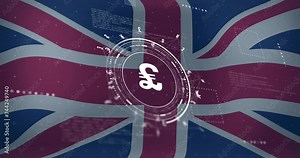 Animation of pound symbol and data over flag of great britain