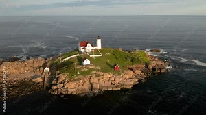 Close up Aerial Footage of Nubble Headlight in Cape Neddick, Maine