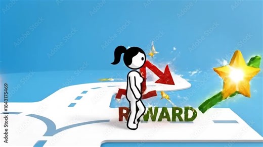 Stick figure woman contemplates choosing between a path leading to risk or a path promising significant reward