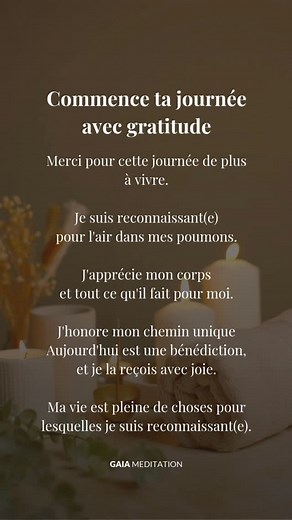 Commence ta journée avec gratitude 🌞 ✨ Dis-le doucement, du fond du cœur : Merci pour cette journée de plus à vivre. Je suis reconnaissant(e) pour l’air dans mes poumons. J’apprécie mon corps et tout ce qu’il fait pour moi. J’honore mon chemin unique. Aujourd’hui est une bénédiction, et je la reçois avec joie. Ma vie est pleine de choses pour lesquelles je suis reconnaissant(e). ✨ La gratitude transforme tout. Ce que tu regardes avec reconnaissance grandit, s’éclaire, s’embellit. Même les petit