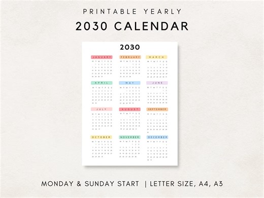 2030 Yearly Calendar, Printable Calendar, 2030 Calendar, 2030 Digital Calendar, Yearly Wall Calendar, Year at a Glance, 2030 Annual Calendar - Etsy