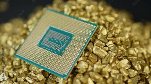 CPU Central Processing Unit of the computer in the pile of gold. Concept of AI boom triggered a massive shortage of CPUs, driving prices high as tech giants hoard components for data centers.