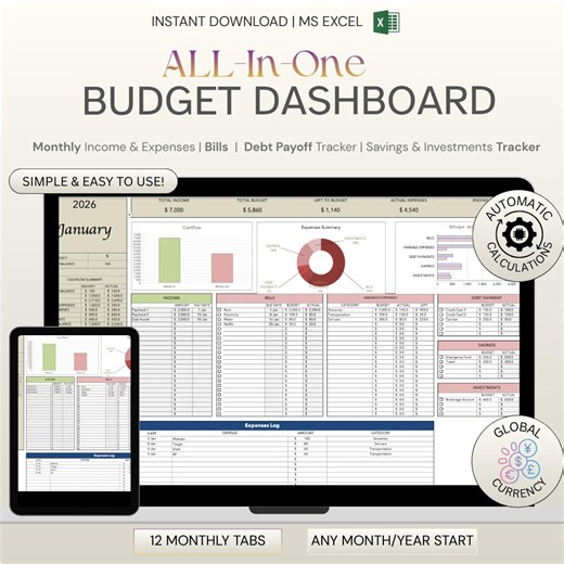 2026 Budget Dashboard Spreadsheet | Excel Budget Planner With Expense Tracker, Debt & Savings, Auto Reports, 12-month Template Tools - Etsy