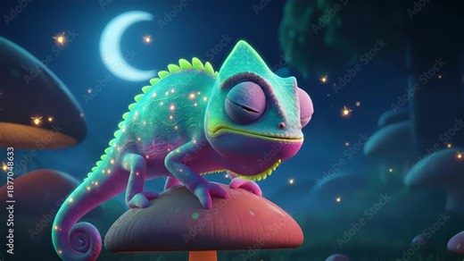 Cute animated chameleon with big eyes catching a sparkling golden heart with its long tongue. The magical scene takes place in an enchanted forest at night with mushrooms and a crescent moon