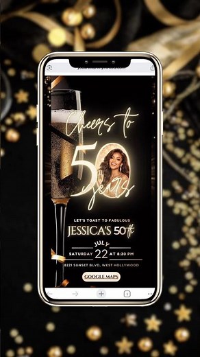 Animated 50th Birthday Digital Invitation Template – Black & Gold Luxury Canva Invite with RSVP