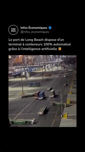 INFO ECO | Économie | Finance on Instagram: "🚢 Un port… sans humains aux commandes ? Bienvenue au Long Beach Container Terminal (LBCT), le port le plus automatisé du monde 🌍 Ici, des grues 100 % électriques, des véhicules autonomes zéro émission et une infrastructure énergétique intelligente fonctionnent en continu, sans interruption. Résultat : une logistique plus rapide, plus sûre, et zéro pollution sur site 🏗️ 18 grues géantes automatisées 🚛 69 robots de manute