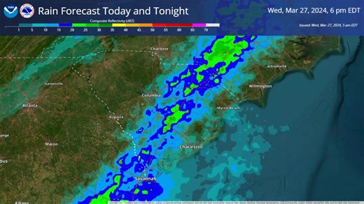 Here's a forecast for rainfall through early Thursday. Widespread showers and thunderstorms will continue on and off all day, into Thursday morning. | US National Weather Service Columbia South Carolina