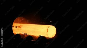 Metal tube production line at metal factory. Hot steel pipe production line. Red hot metal pipe production process. Metallurgy. Hot Metal Tubes. Work Heavy Industry Factory. Steel Factory Stock Video