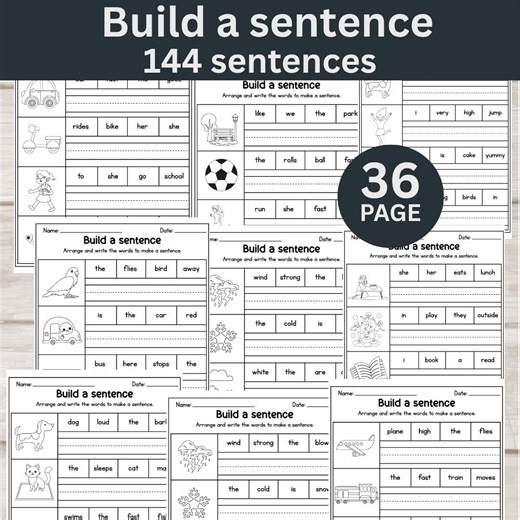 36 Printable Build Sentence Worksheets | Sentences Writing Practice Activity | Kindergarten 1st & 2nd Grade | ELA Worksheet - Etsy