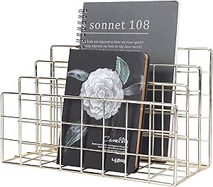 Simmer Stone Letter SorterOrganizer for Desk, Premium Plated Metal Mail Holder, 3-Slot Ultra-Stable Non-Wobbling Desktop Organizer for Envelopes, Documents, Palettes, 9.5 x 4.7 x 6 Inche, Gold