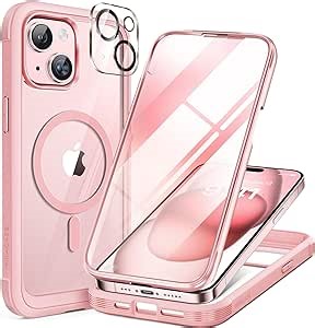 Miracase Glass Series for iPhone 15 Case [Compatible with MagSafe] Full-Body Magnetic Case with Built-in 9H Tempered Glass Anti-Fingerprint Screen Protector + Camera Lens Protector, Pink and Clear