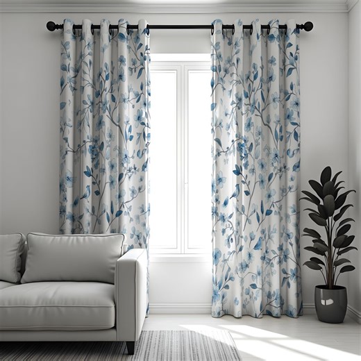 Blue Floral Curtains, White Botanical Design Country Style Drapes, Custom Made Eyelet or Rod Pocket Panels - Etsy Australia