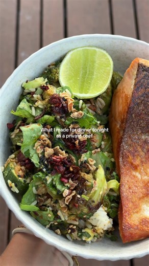 You need to make this for dinner! Crispy salmon with asian(ish) rice salad. Recipe below, save for your weeknight dinner rotation! Serves 4 • 1 salmon fillet, skin on per person For the salad: • 2 cups cooked rice, day old • 1 zucchini, sliced & roasted in oven • 1 broccoli head, chopped into florets and roasted in oven • 10ish brussels sprouts, sliced in half and roasted in oven • 2 spring onions, diced • 1 cup herbs, roughly chopped (I did coriander & mint) • 6-7 torn lettuce leaves, roughly c