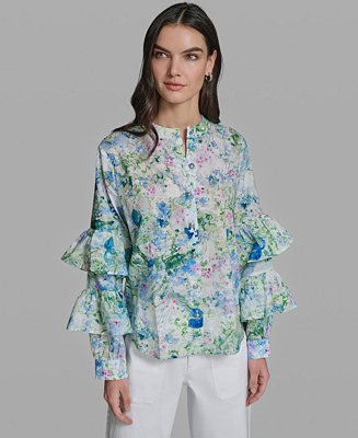 KARL LAGERFELD PARIS Women's Long-Sleeve Collared Printed Shirt - Macy's