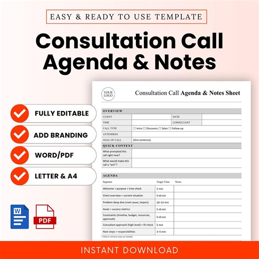 Consultation Call Agenda and Notes Sheet Template – Word & PDF, A4   US Letter - Etsy